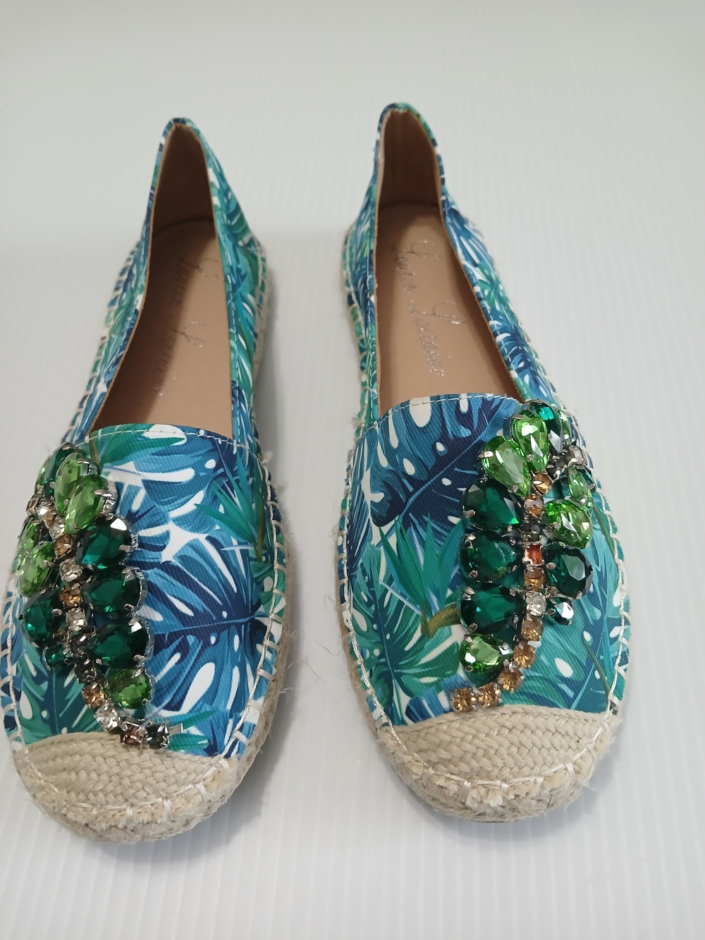 Lauren Lorraine Teal & Green Tropical Embellished Espadrille Flats New NO BOX